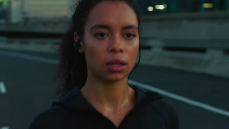 running, headphones and black woman face focus