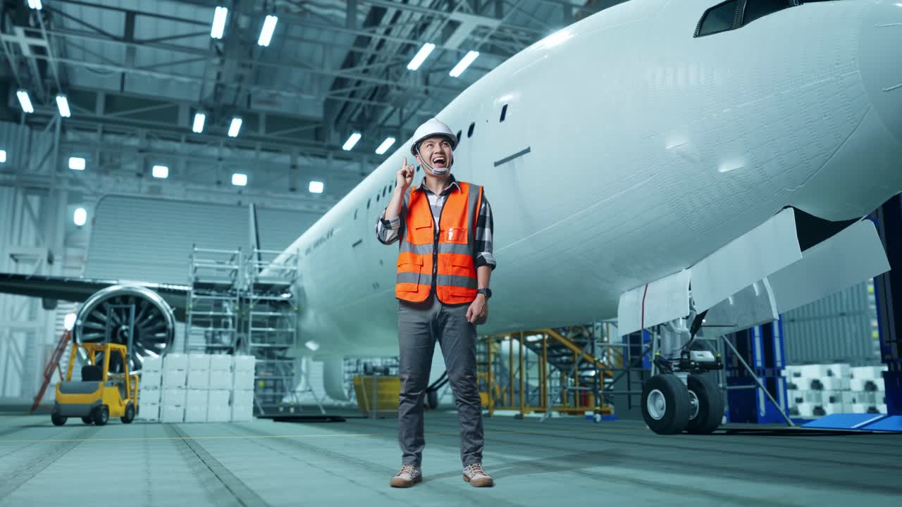 cuerpo lleno de ingeniero masculino asiático con casco de seguridad de pie con aviones en el hangar. pensando en algo y mirando a su alrededor luego levantando su dedo índice