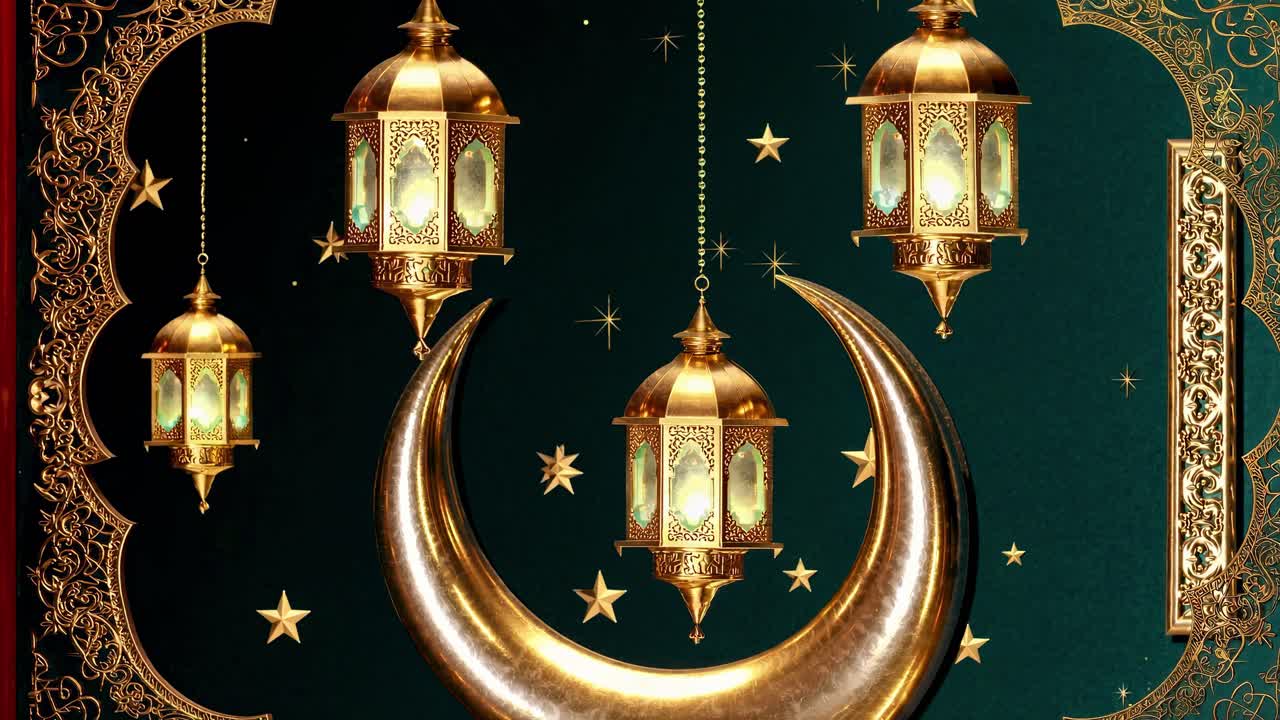 Ornate video scene with golden lanterns and crescent moon against a starry backdrop