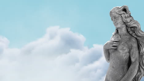 animation of gray sculpture of woman over blue sky and clouds, copy space