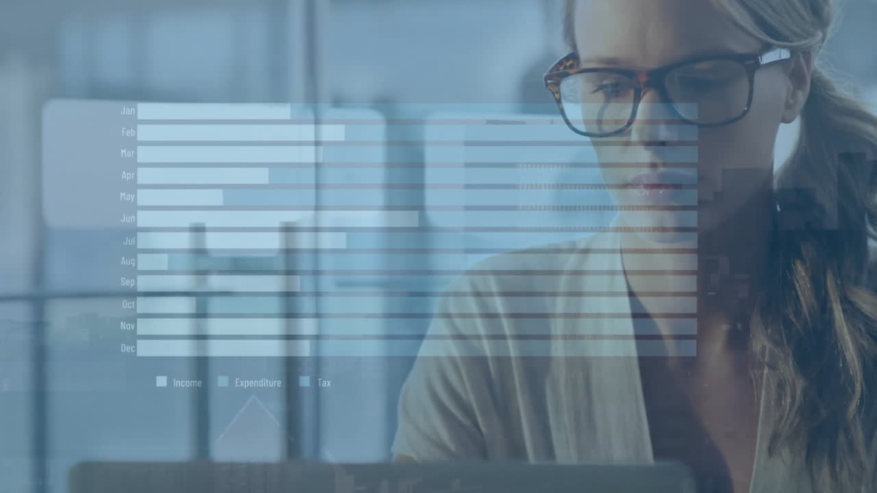 Animazione di elaborazione dati su grafici su una donna d'affari caucasica in abbigliamento casual che usa il laptop in ufficio