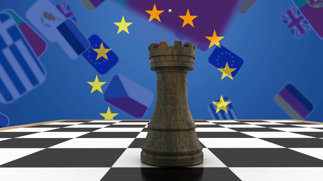 Animaatio shakkifiguurista EU:n lipun ja kansallislippujen yllä.
