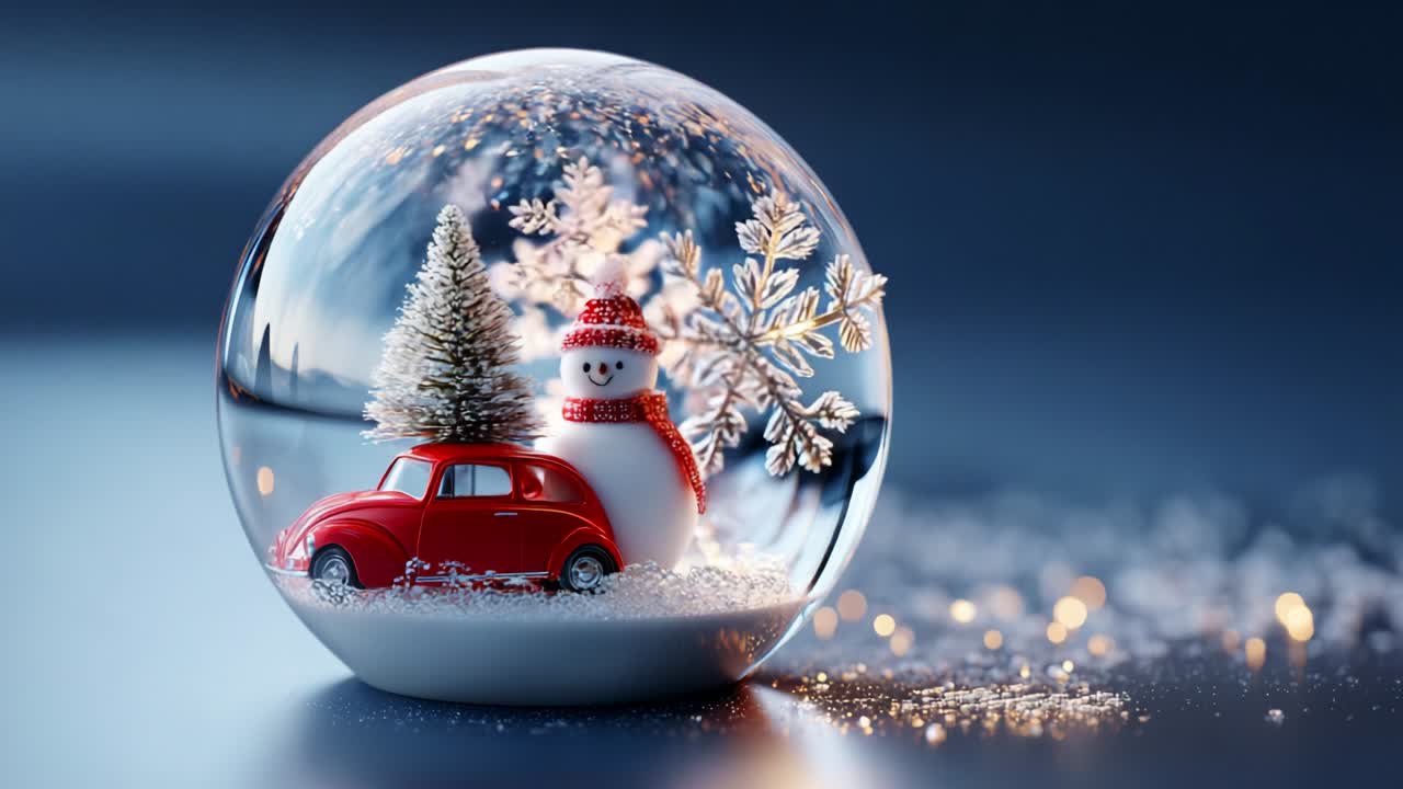 A Festive Snow Globe Featuring a Cheerful Snowman, a Tiny Red Car, and a Miniature Pine Tree Surrounded by Sparkling Snow Flakes and a Dreamy Winter Wonderland Atmosphere