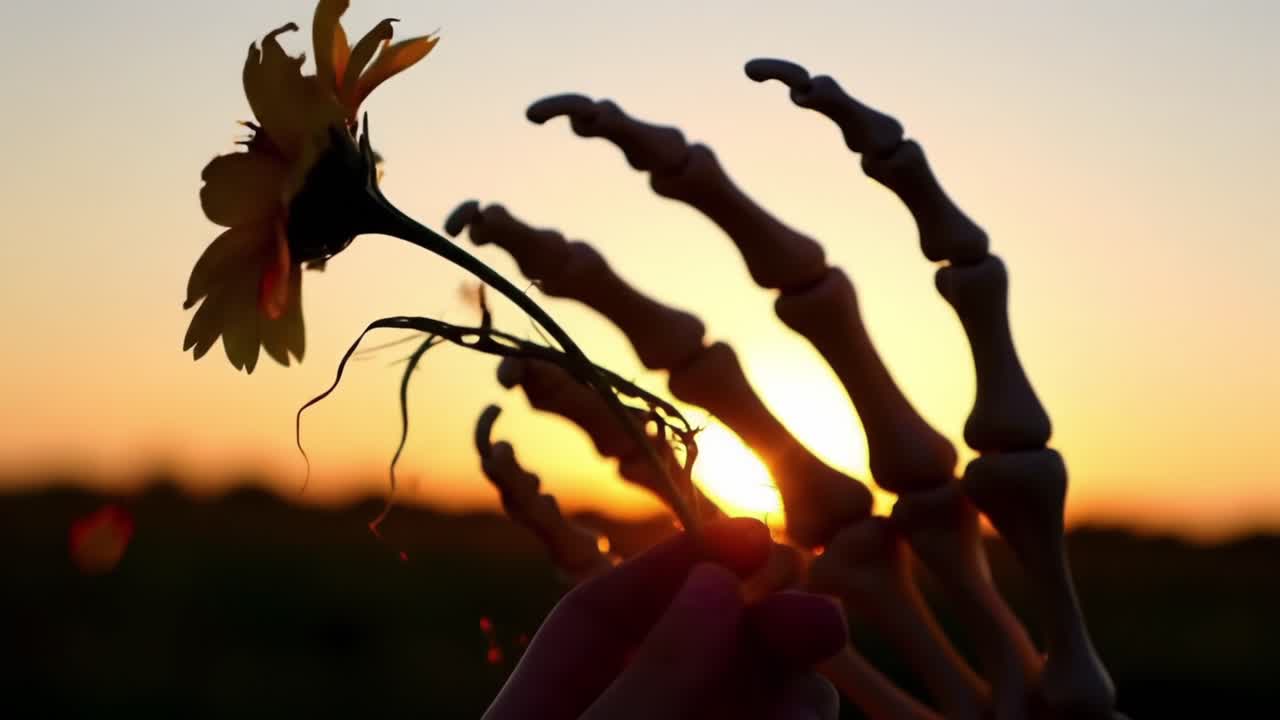 A Beautiful Contrast: A Skeleton Hand Gently Holds a Bright Flower Against a Stunning Sunset, Symbolizing the Unique Fusion of Life and Mortality in a Captivating Scene
