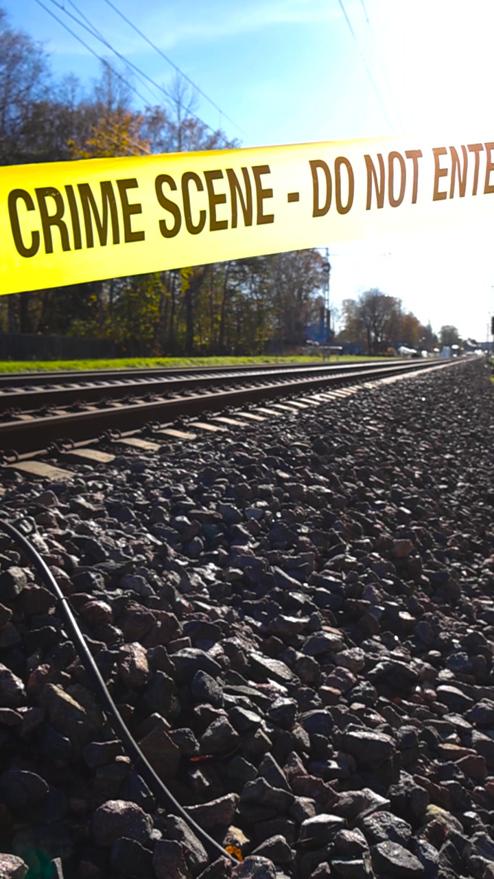 Nastro giallo della scena del crimine che sventola al vento, bloccando l'accesso ai binari ferroviari in una giornata di sole. La barriera delimita un'area di indagine, impedendo l'ingresso alla linea ferroviaria ristretta