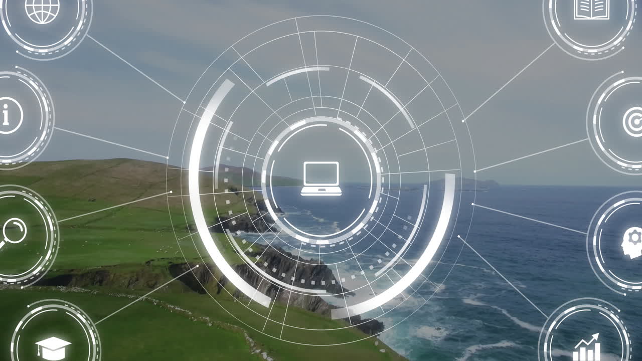 Animation of digital interface with computer icon overlaying coastal ocean waves