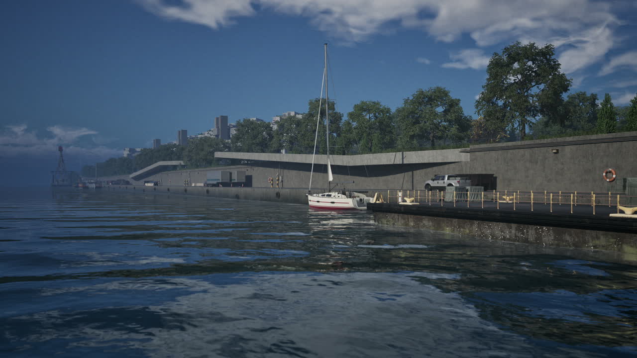 배경 에 도시 의 스카이 라인 을 가진 현대 마리나 에 정박 한 선박