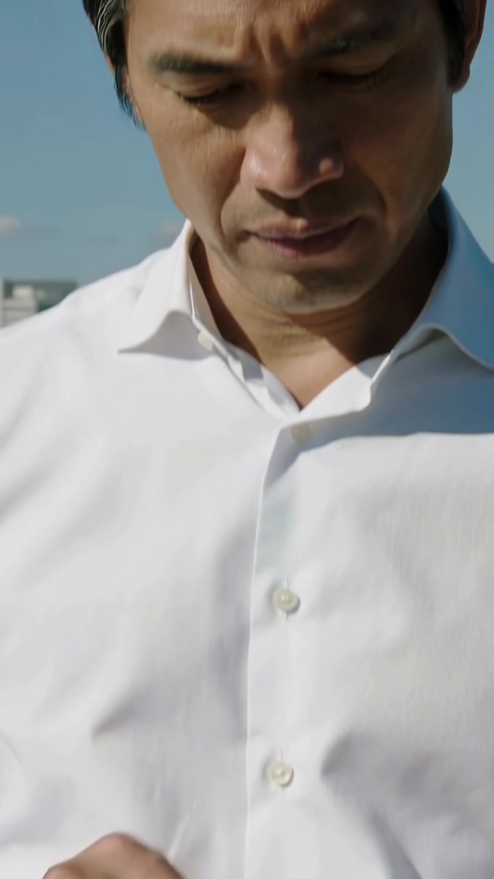 Video verticale: Uomo apre un quaderno, sfoglia le pagine e legge appunti su un tetto, con camicia bianca