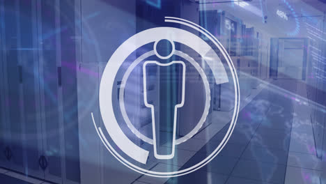 animation of data processing and human icon over server room