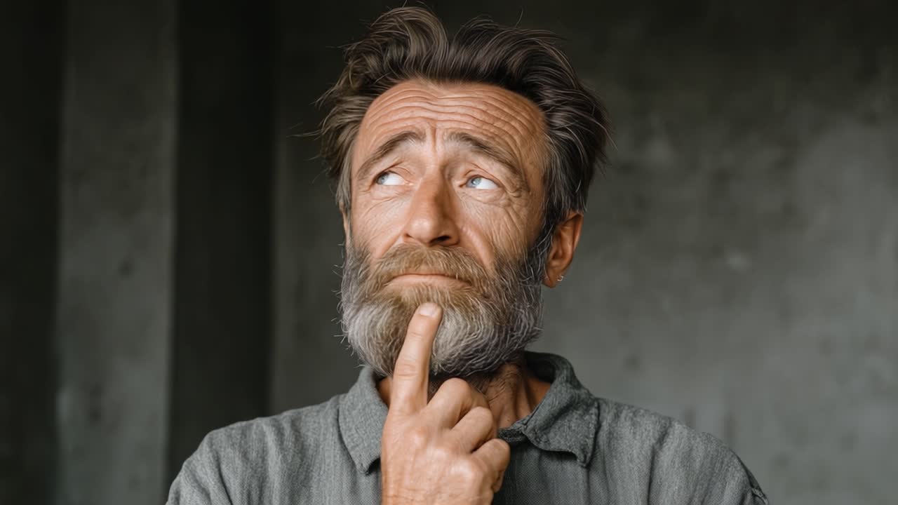 Un uomo contemplativo con un'espressione pensierosa guarda verso l'alto, perso in pensieri profondi mentre riflette sulle domande e le possibilità della vita in un ambiente minimalista.