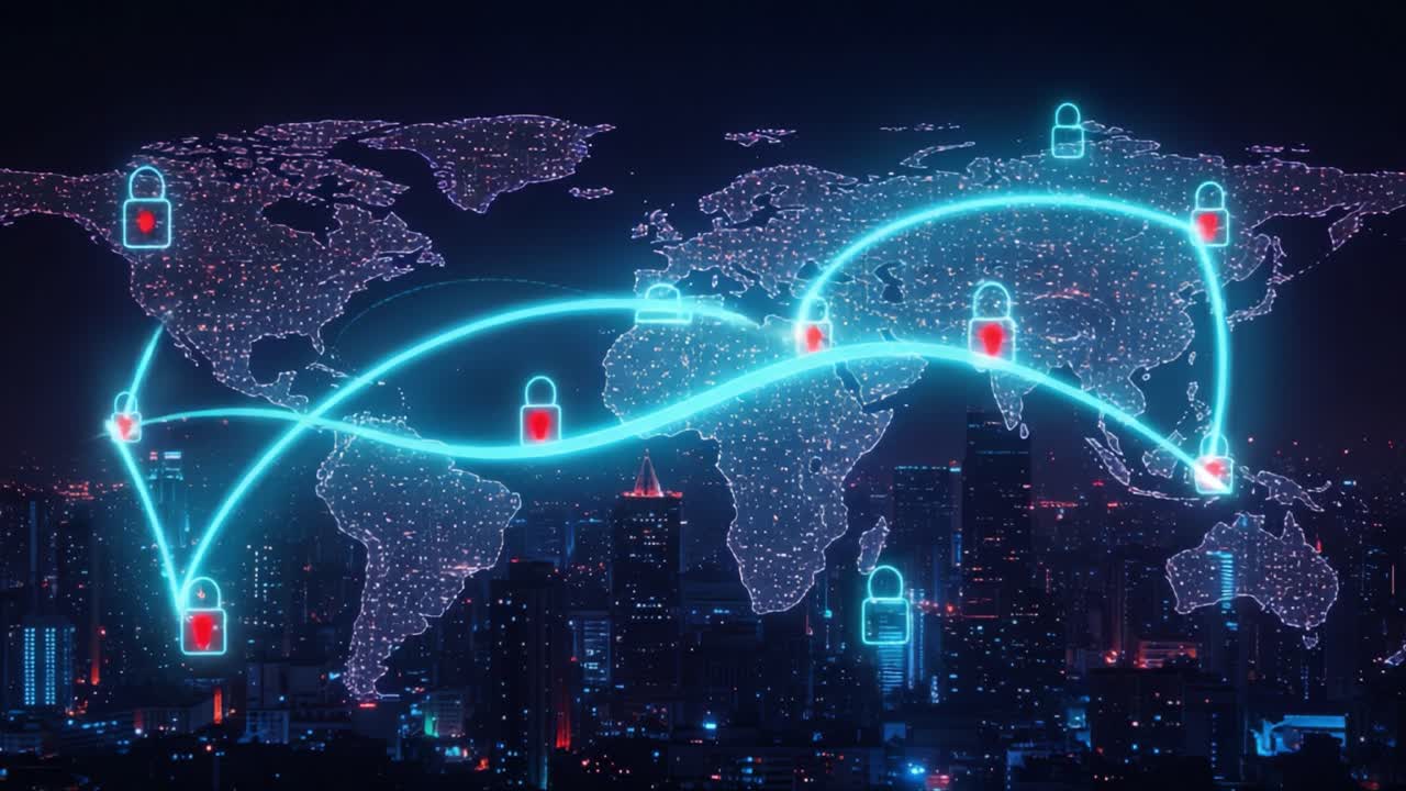 A Dynamic Visualization of Global Data Security Networks Featuring Lock Icons on a World Map, Representing the Importance of Cybersecurity in Modern Communications