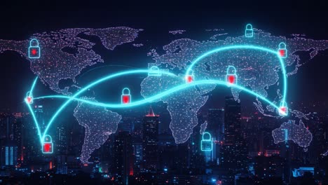 a dynamic visualization of global data security networks featuring lock icons on a world map, representing the importance of cybersecurity in modern communications