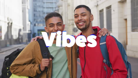animación de vibraciones texto sobre sonrientes amigos biraciales abrazando