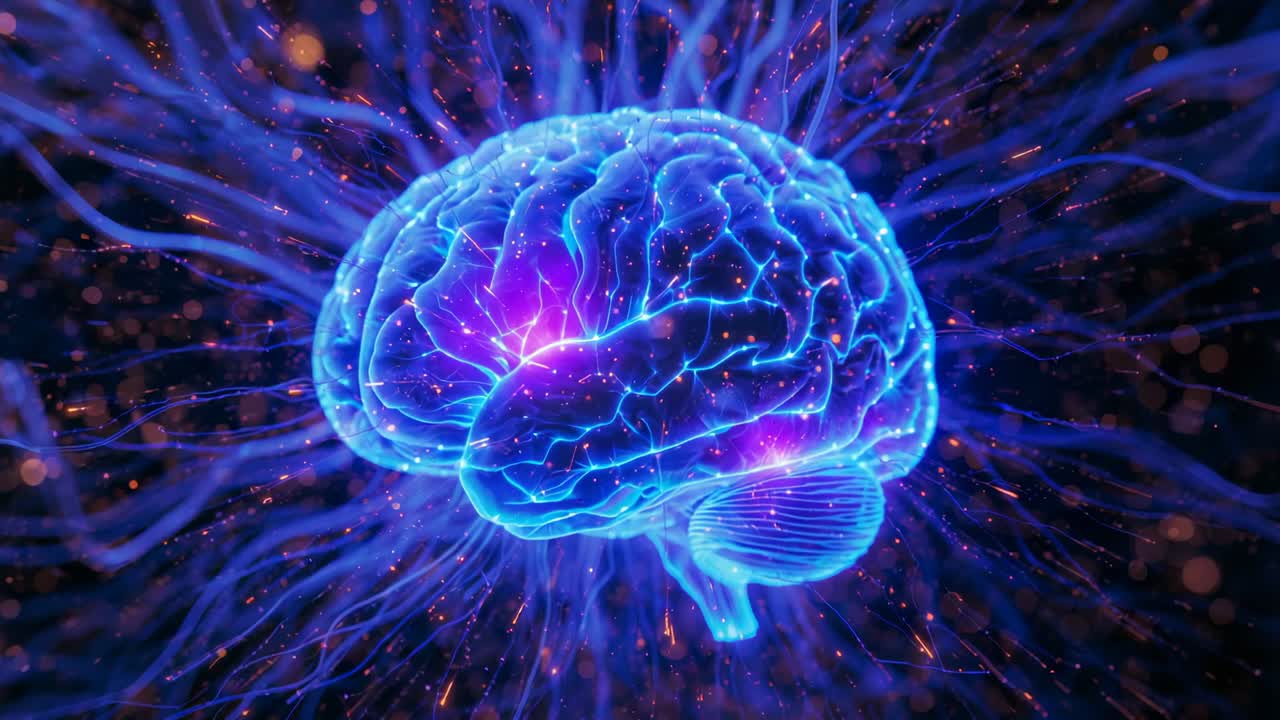 Opening on 3D brain glowing in void, pulsing spark particles via filaments showing neural activity