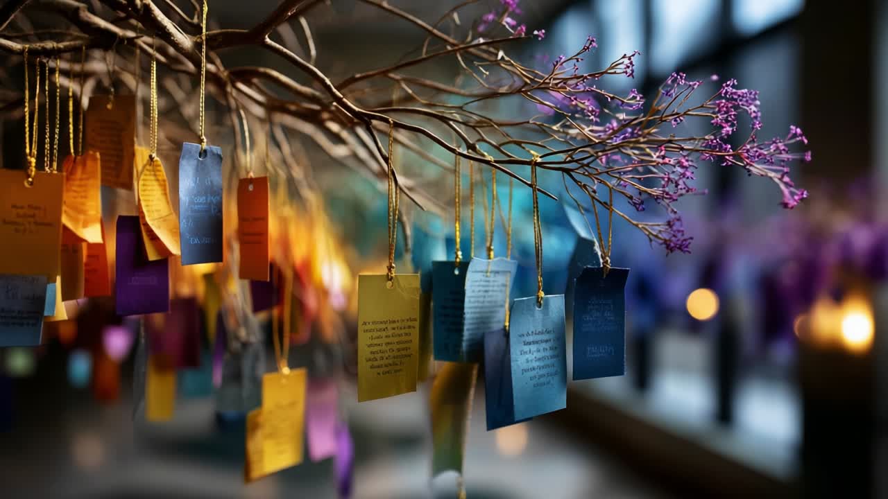 A Beautiful Display of Colorful Tags Hanging from a Branch, Celebrating Creativity and Expression, Set Against a Softly Lit Background with Lush Flora and Warm Candlelight for an Inviting Atmosphere