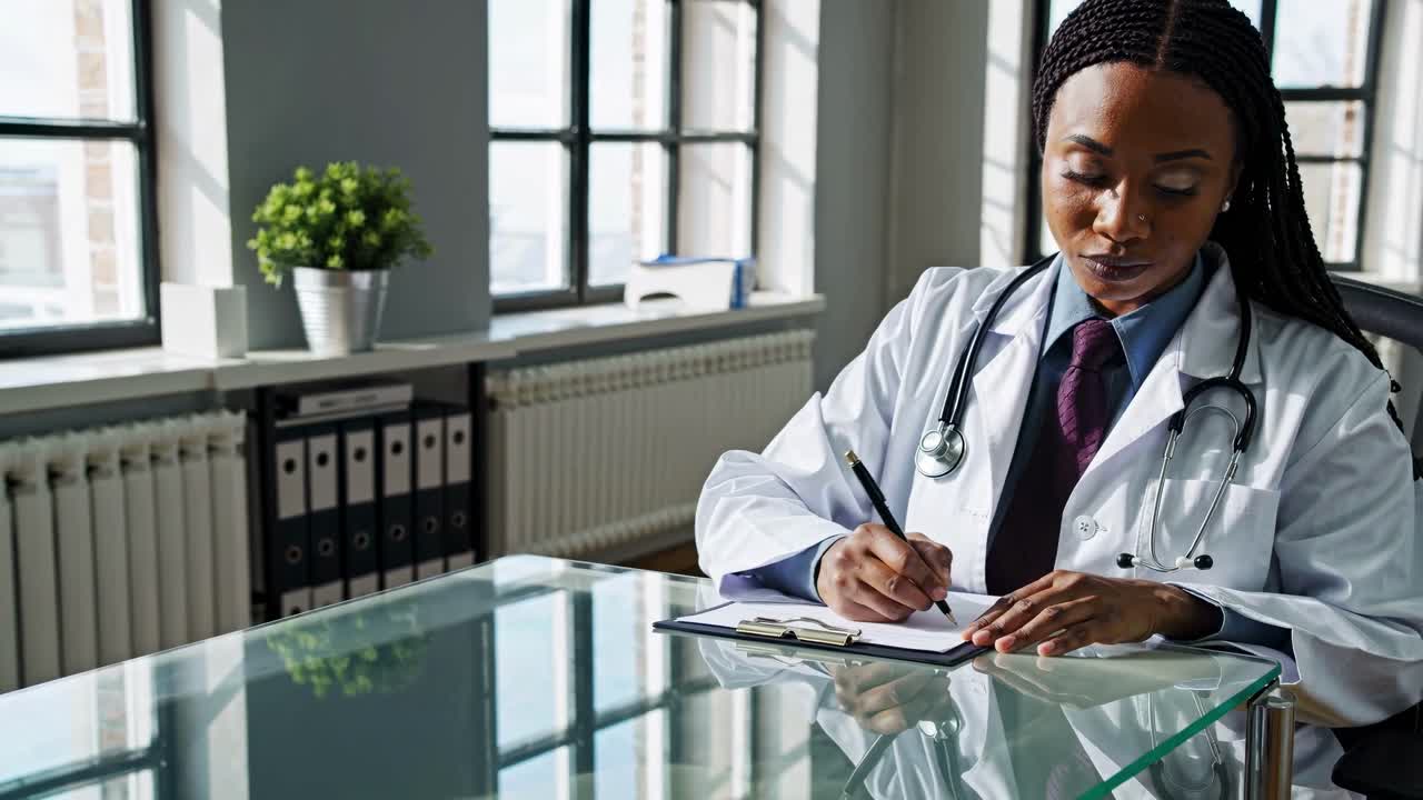 A doctor in a white coat writes notes at a glass desk in a sunlit office