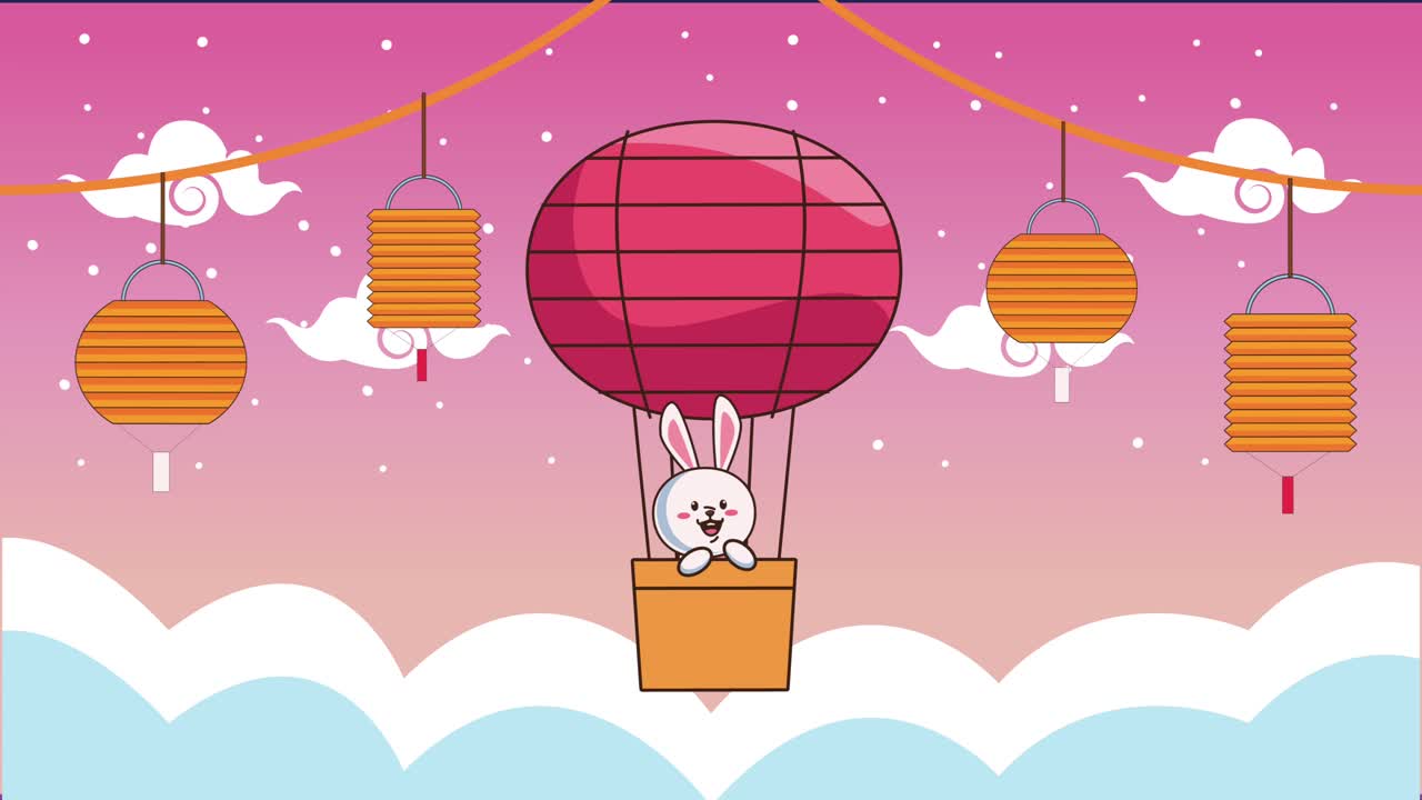 풍선 속의 토끼와 뜨거운 공기, 어있는 램프와 함께 가을 중순 축제 애니메이션