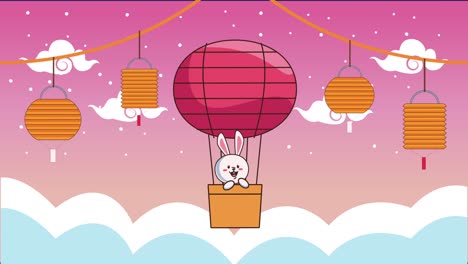 animación del festival de mediados de otoño con un conejo en un globo de aire caliente y lámparas colgando