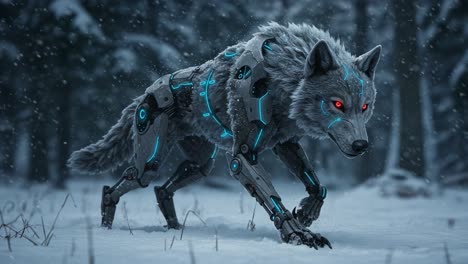a futuristic cybernetic wolf stalks through a snowy forest, merging technology and nature with glowing enhancements and a majestic yet fearsome presence