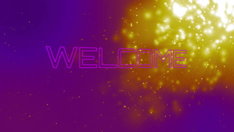 welcome text animation over purple and yellow abstract background with sparkles