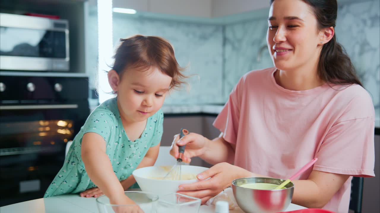 A Joyful Kitchen Collaboration: Mother and Child Bonding Over Baking Activities, Mixing, and Creating Delicious Treats Together in Their Bright Home Environment