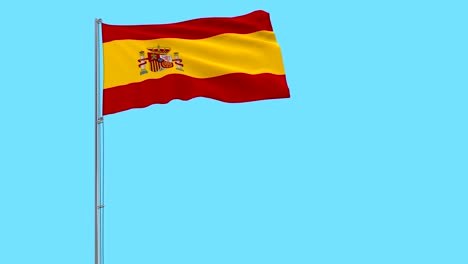 isolate flag of spain on a flagpole fluttering in the wind on a blue background, 3d rendering