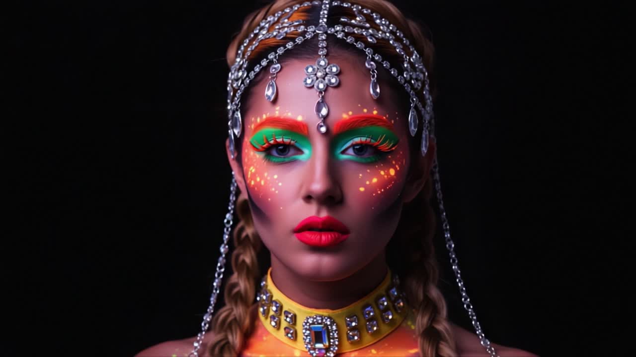 Uno splendido ritratto di una modella adornata con trucco vivace e gioielli stravaganti, che mette in mostra un'espressione artistica creativa e colori audaci in un'illuminazione drammatica.
