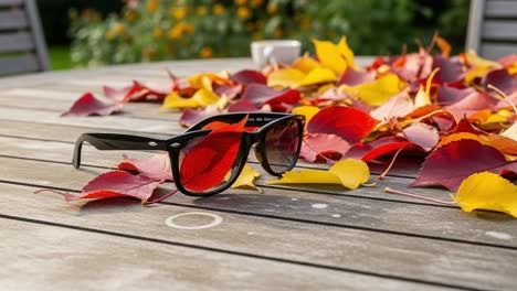 Autumn&#039;s Touch: Decorative Sunglasses Among Vibrant Fall Leaves on a Wooden Table, Capturing the Essence of Seasonal Change and Nature&#039;s Palette