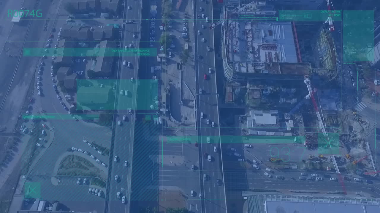 Animation of statistical data processing against aerial view of city highway