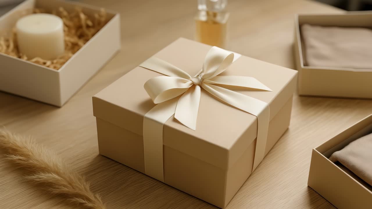 Aesthetic flat lay of a gift box with a bow, candle, and perfume, shot from above