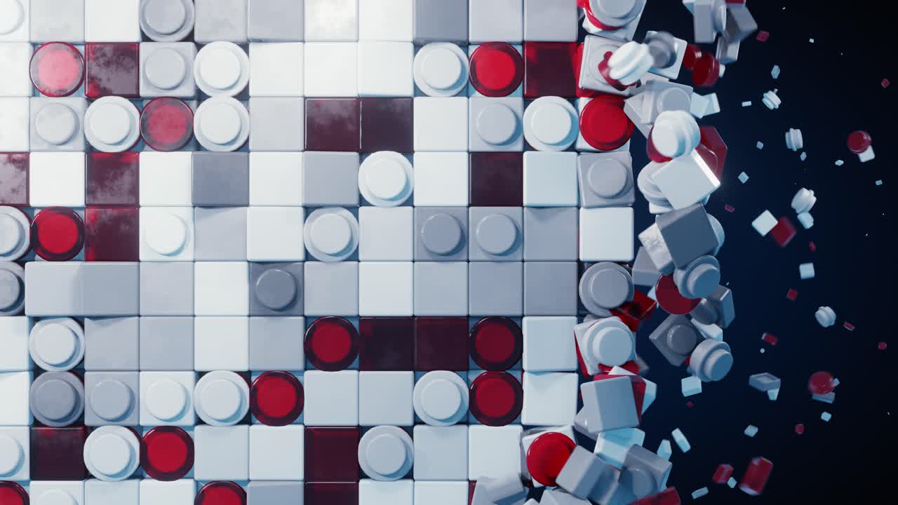 animación 3d de bloques de construcción rojos, blancos y grises que se unen para formar un plano recto