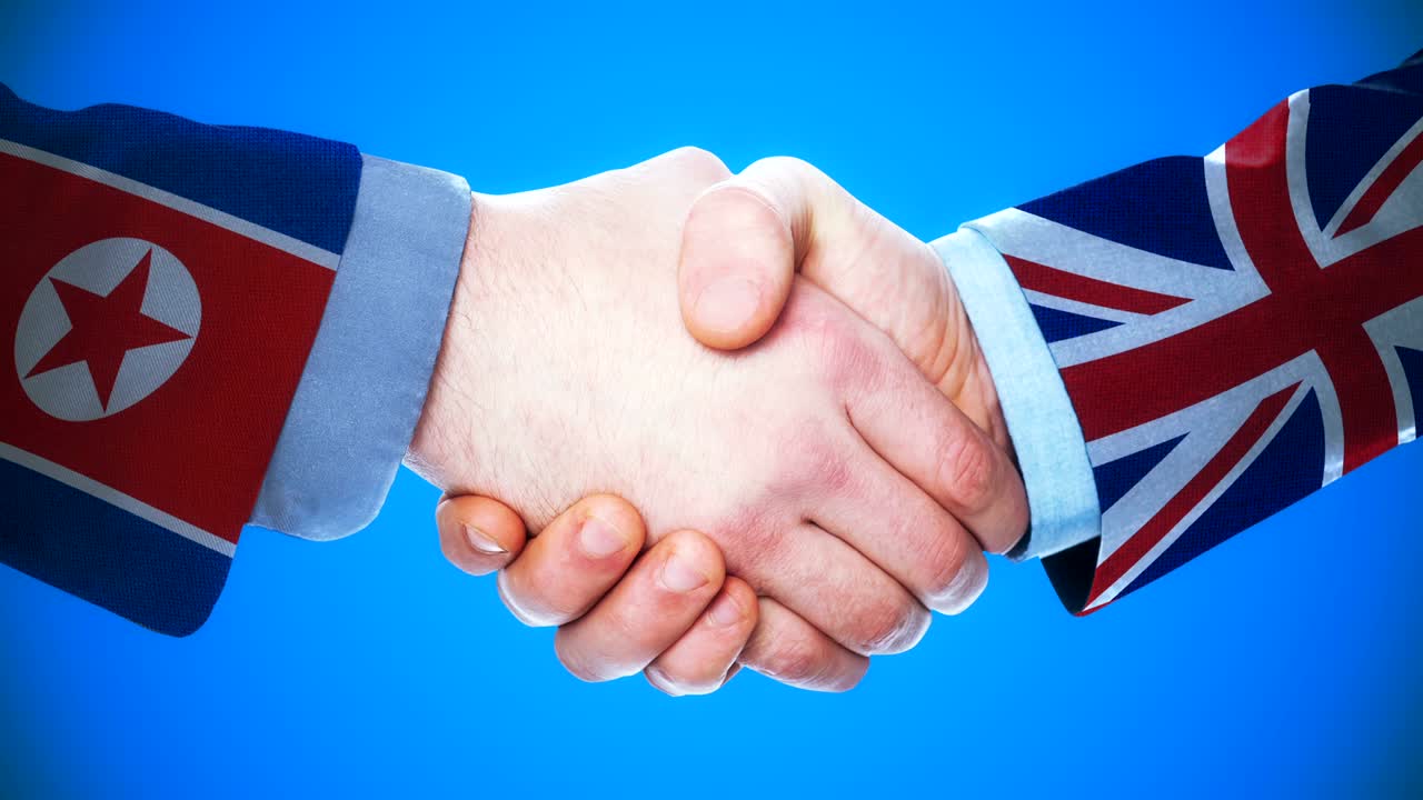 North Korea  - United Kingdom   / Handshake concept animation about countries and politics / With matte channel