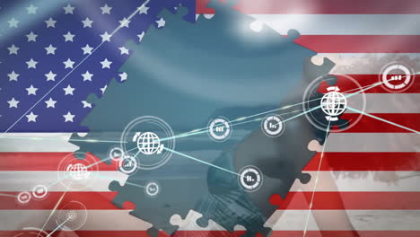 animation of global communication network over biracial woman on sunny beach and american flag