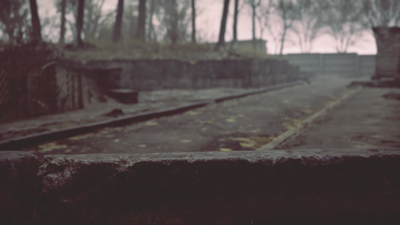 Mysterious ruins covered in fog with a desolate atmosphere in the forest