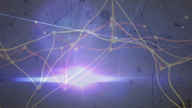 Generative network starting wireframe sweeping gold ribbons pulsing nodes flaring center for tech