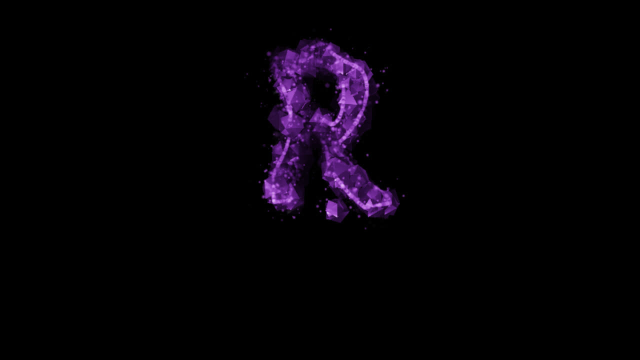 Lettera R di particelle viola luminose su sfondo trasparente