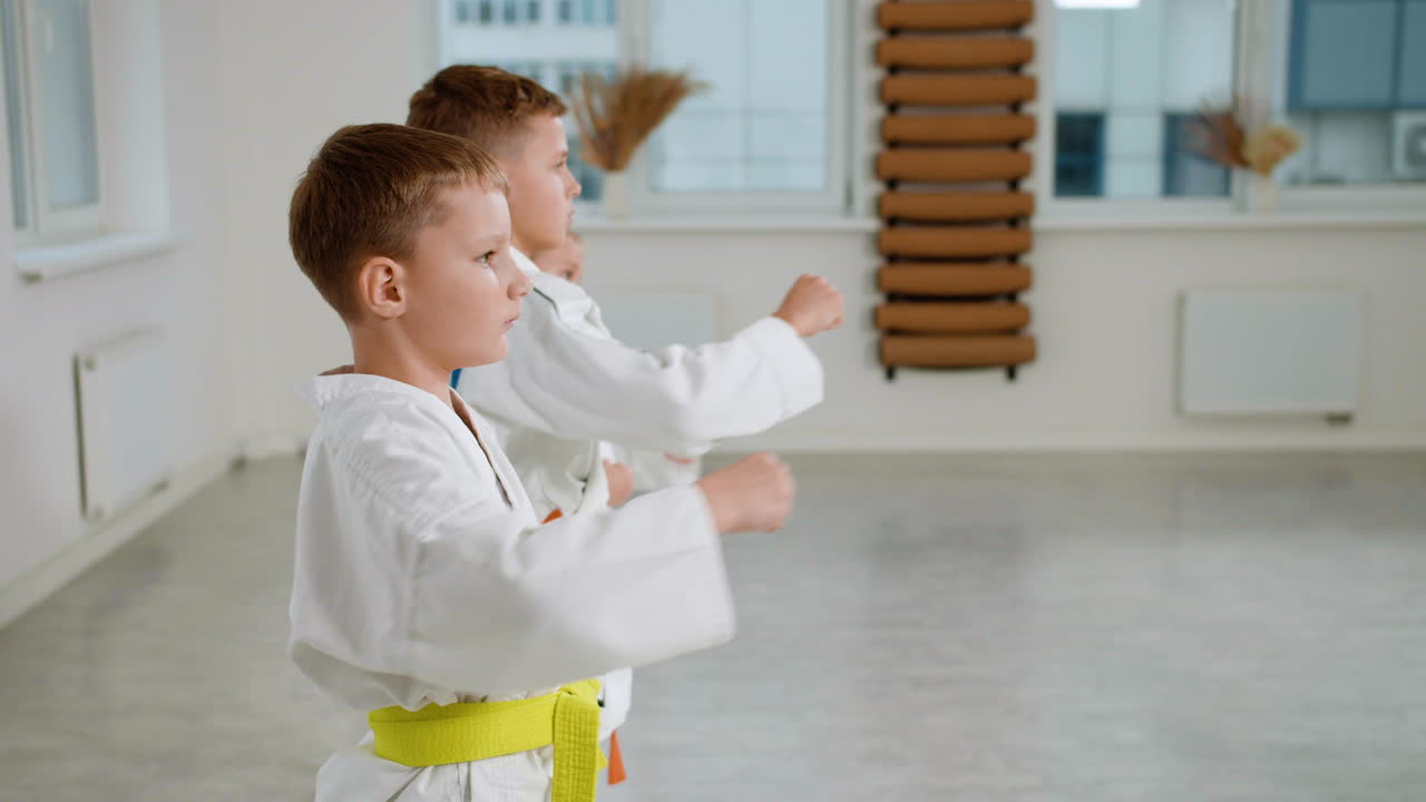 niños en kimono blanco en la clase de artes marciales
