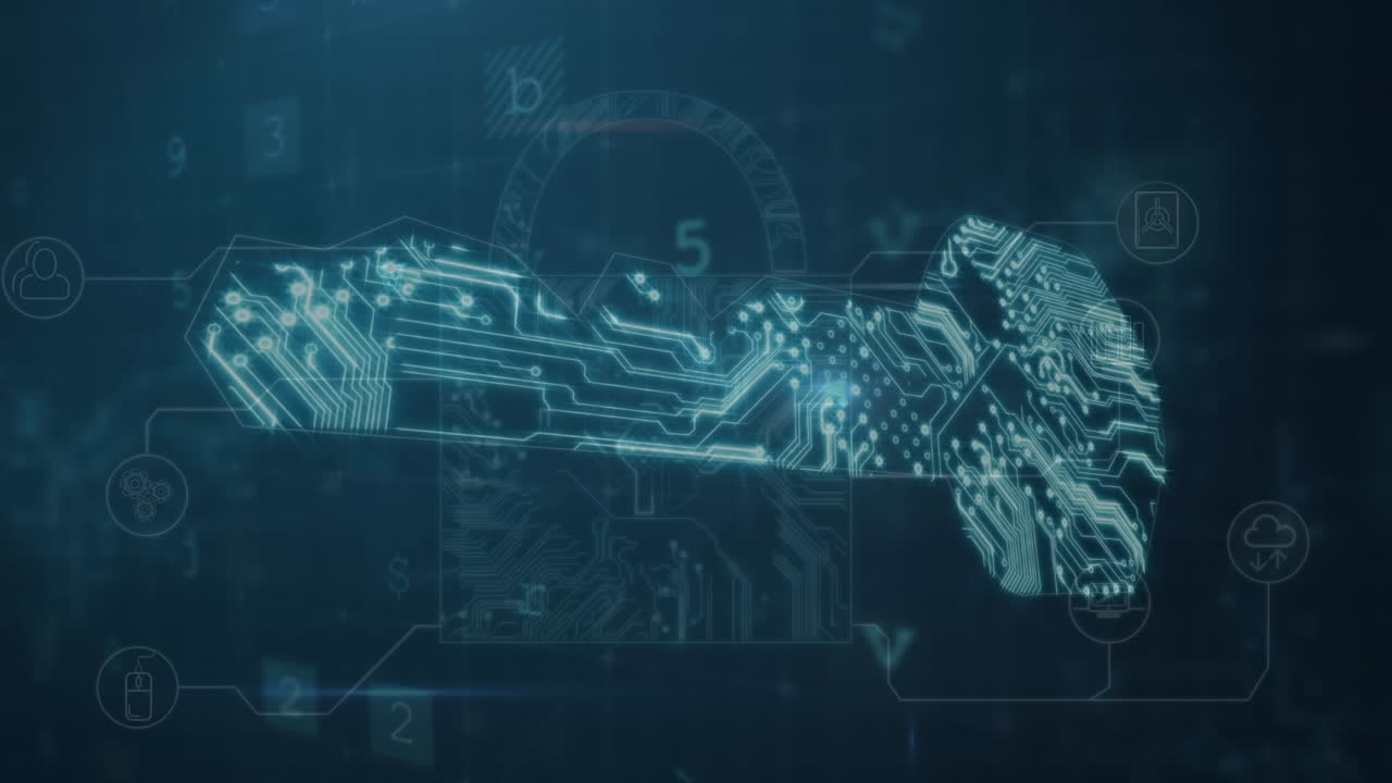 어두운 배경에서 보안 잠금, 열 및 데이터 처리의 애니메이션