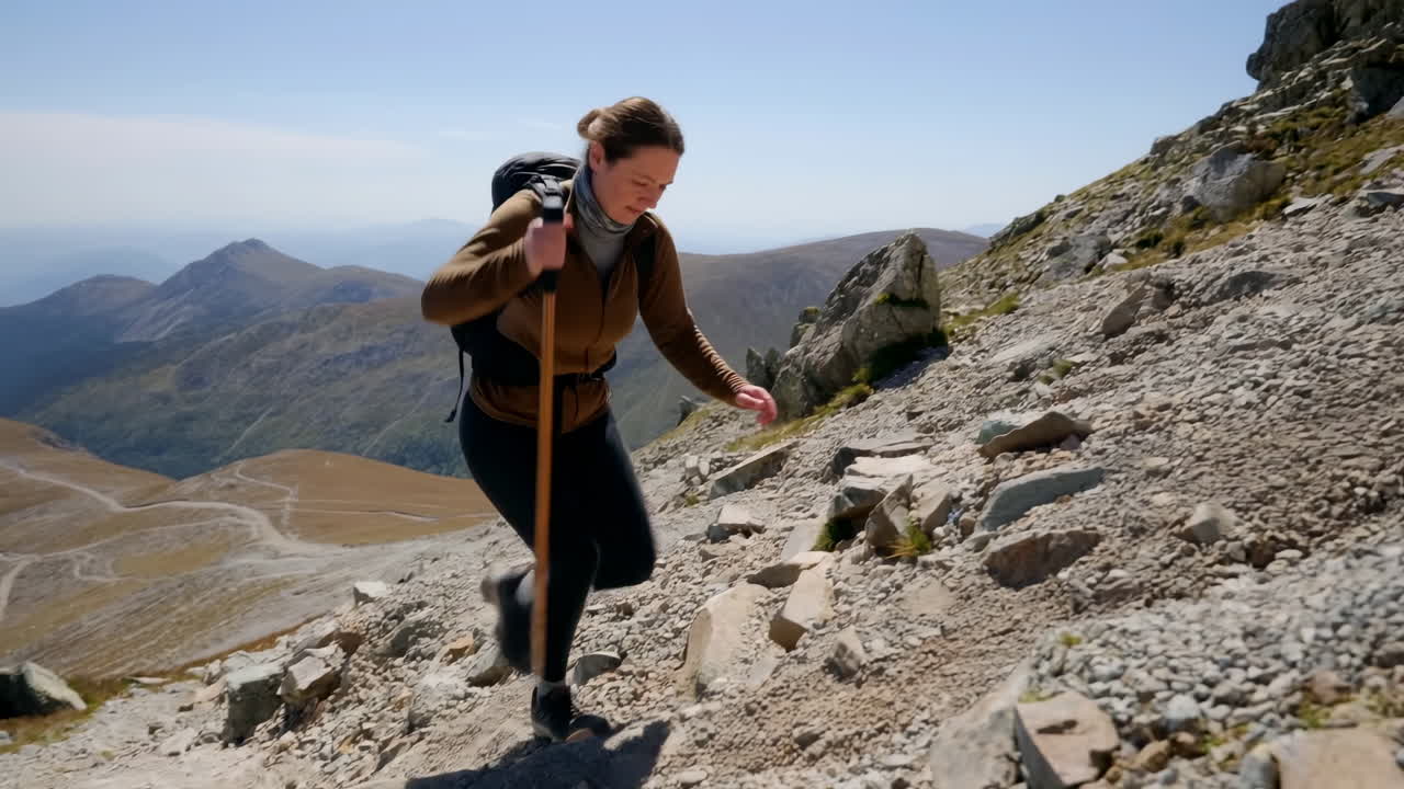 Escursionista caucasico che scala un ripido pendio montano roccioso con zaino e bastone da trekking, salendo un sentiero di ghiaia.