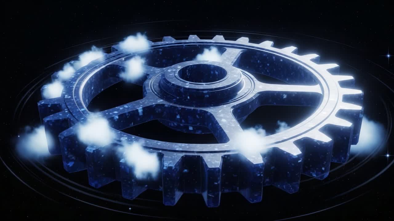 Imaginary Mechanism: A Stunning Visual of a Translucent Gear in Cosmic Surroundings, Blending Technology with Ethereal Elements in an Otherworldly Dimension