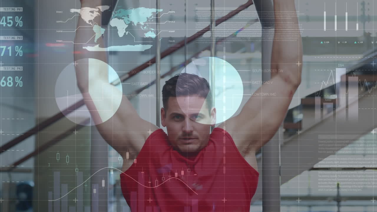 animación de la red de conexiones y procesamiento de datos sobre el hombre en forma que hace ejercicio en el gimnasio