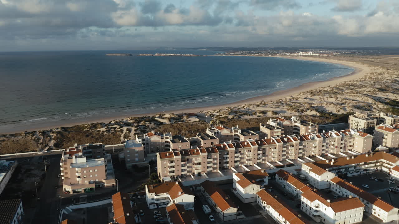 Sublime afternoon aerial view of the bay linking Peniche to Baleal, Portugal