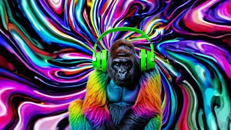 gorilla with headphones in psychedelic background