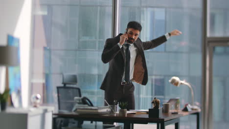 manager feeling stress calling partners discussing business loss at office.