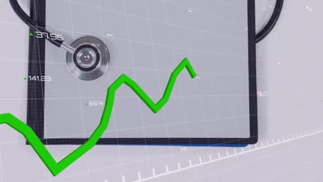 Animation-of-green-line-graph-showing-progress-with-changing-numbers-over-stethoscope-and-clipboard