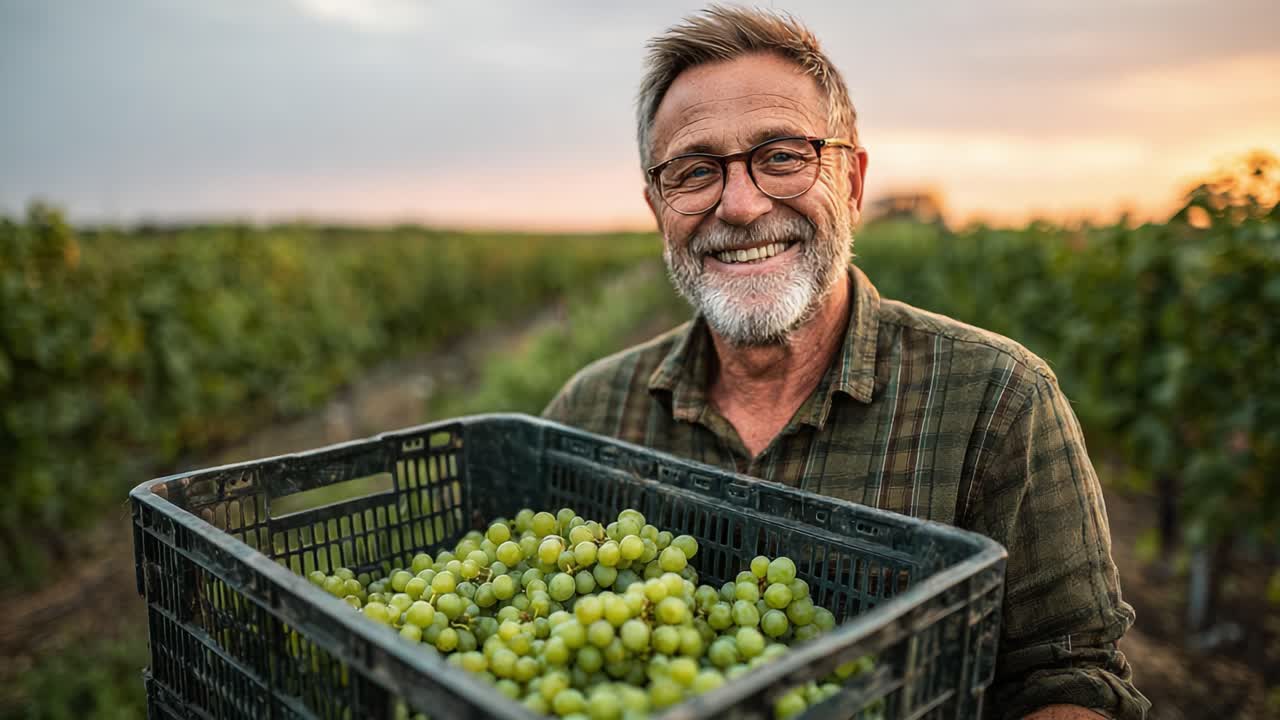 A Joyful Harvest: Elderly Man Smiling While Holding a Basket of Freshly Picked Green Grapes in a Vineyard During Sunset, Celebrating Nature's Bounty and Agriculture