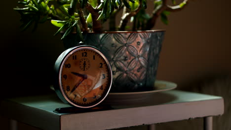 Timelapse-De-Reloj-Vintage-En-Dormitorio-Con-Sombras-En-Movimiento-Y-Planta