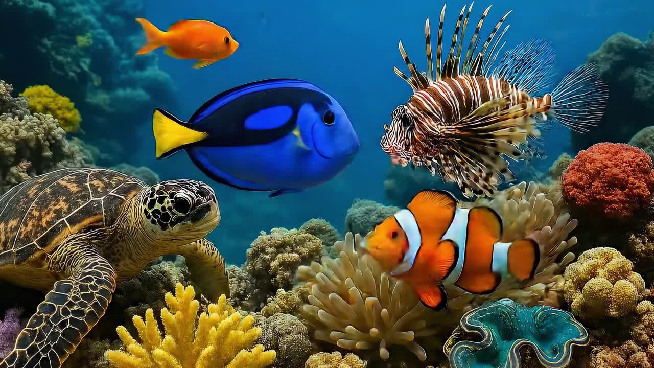 Escena de video submarino vibrante con peces y una tortuga, capturada desde un ángulo lateral.