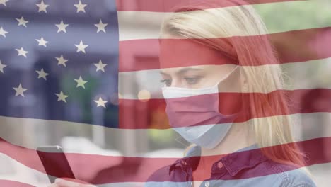 Animation-Der-Flagge-Der-USA,-Die-über-Einer-Frau-Mit-Gesichtsmasken-Weht