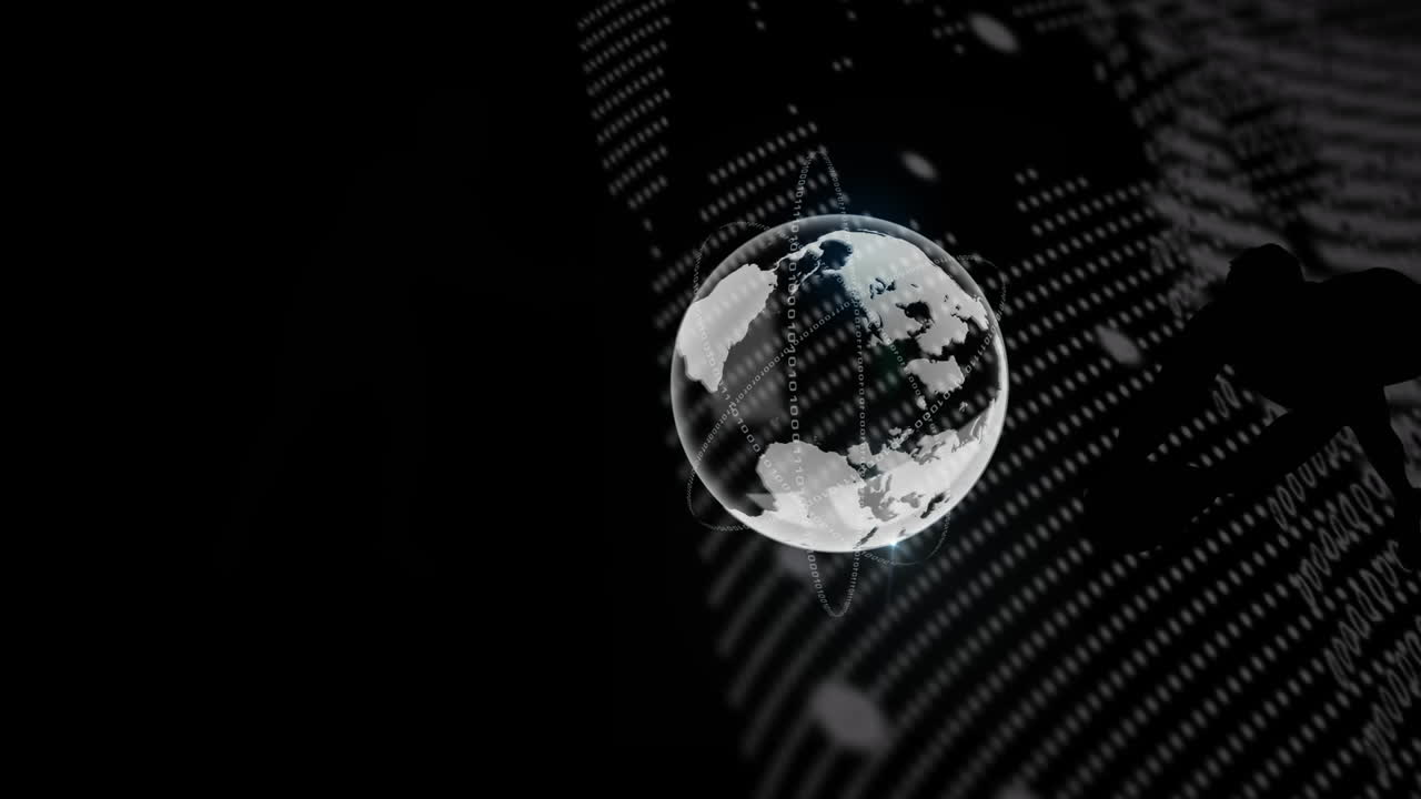 Animation of data processing with silhouettes of people over globe on black background